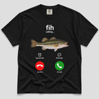 A black short-sleeve crewneck t-shirt featuring a graphic of a largemouth bass fish with the text 'fih calling.