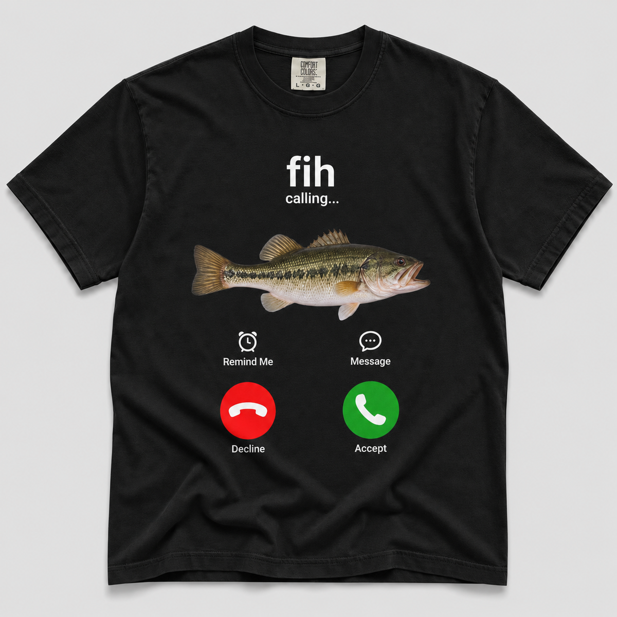 A black short-sleeve crewneck t-shirt featuring a graphic of a largemouth bass fish with the text 'fih calling.