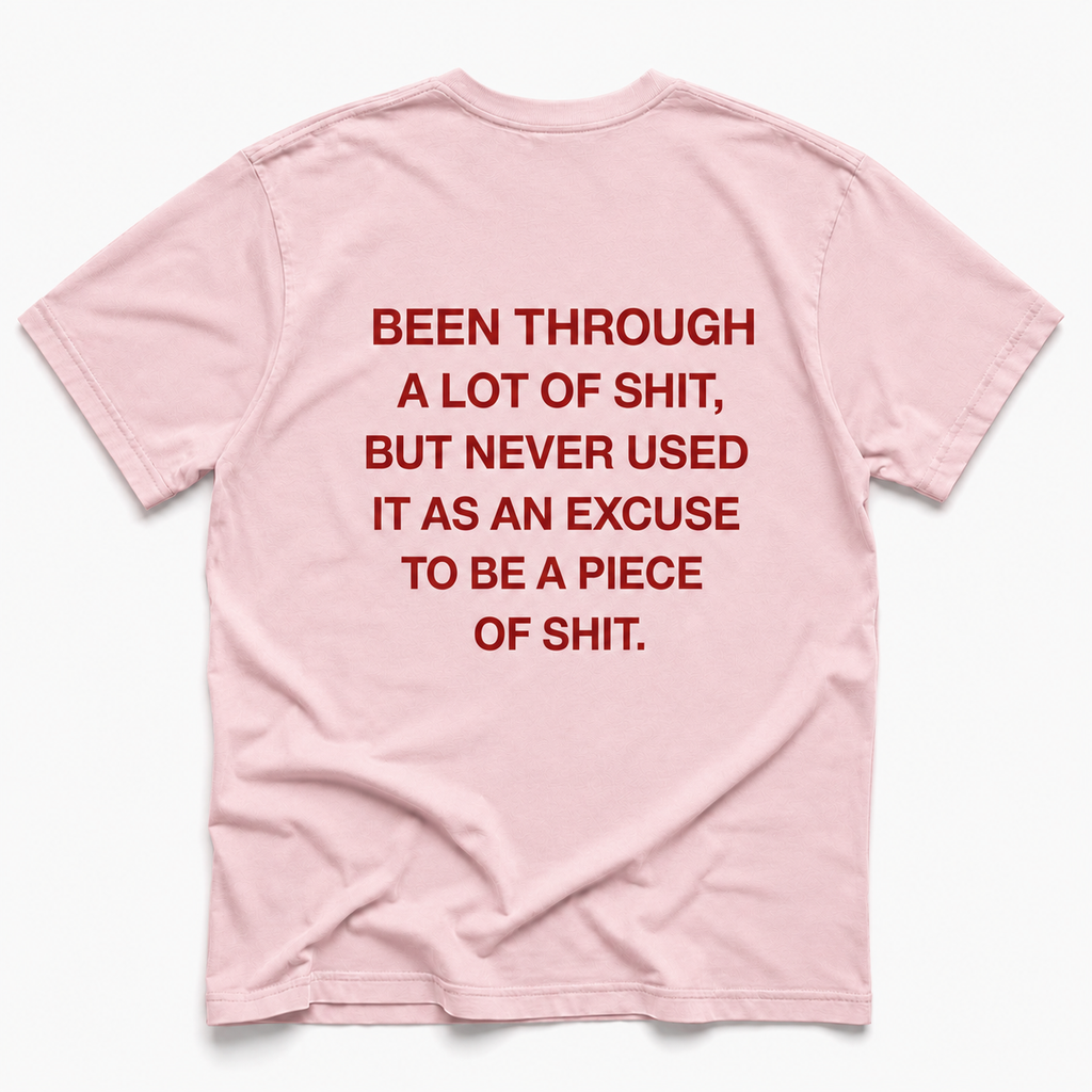 blossom short-sleeve t-shirt with bold red text printed on the back, laid flat against a clean white background.