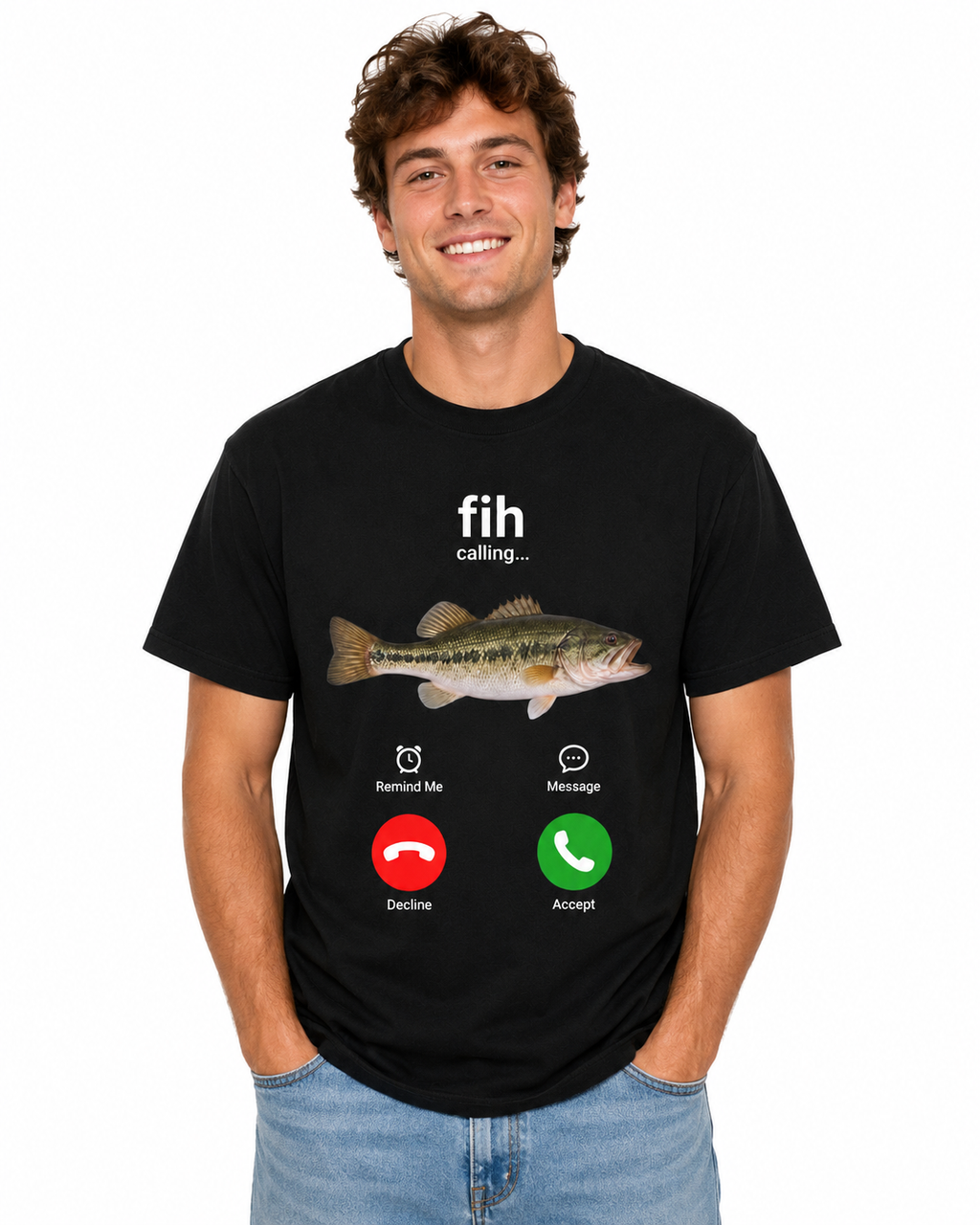A man wearing a black graphic t-shirt with a fish and a call interface design, paired with light blue jeans, against a plain white background.