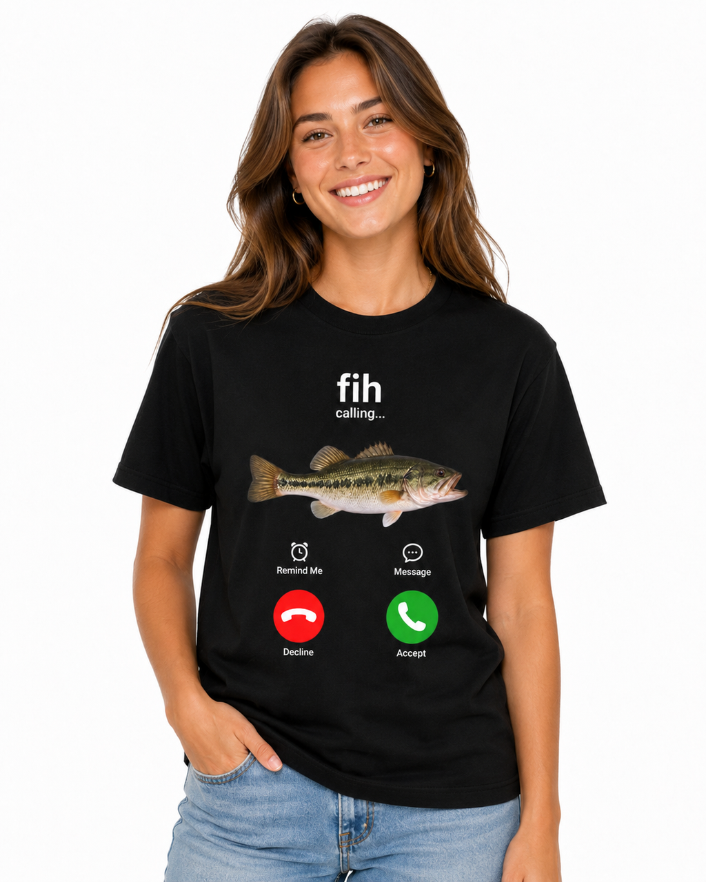 A woman wearing a black graphic t-shirt with a bass fish and a humorous 'fih calling.