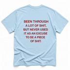 chambray short-sleeve t-shirt shown from the back, featuring a bold red text graphic that reads: 'BEEN THROUGH A LOT OF SHIT, BUT NEVER USED IT AS AN EXCUSE TO BE A PIECE OF SHIT.' on a clean white background.