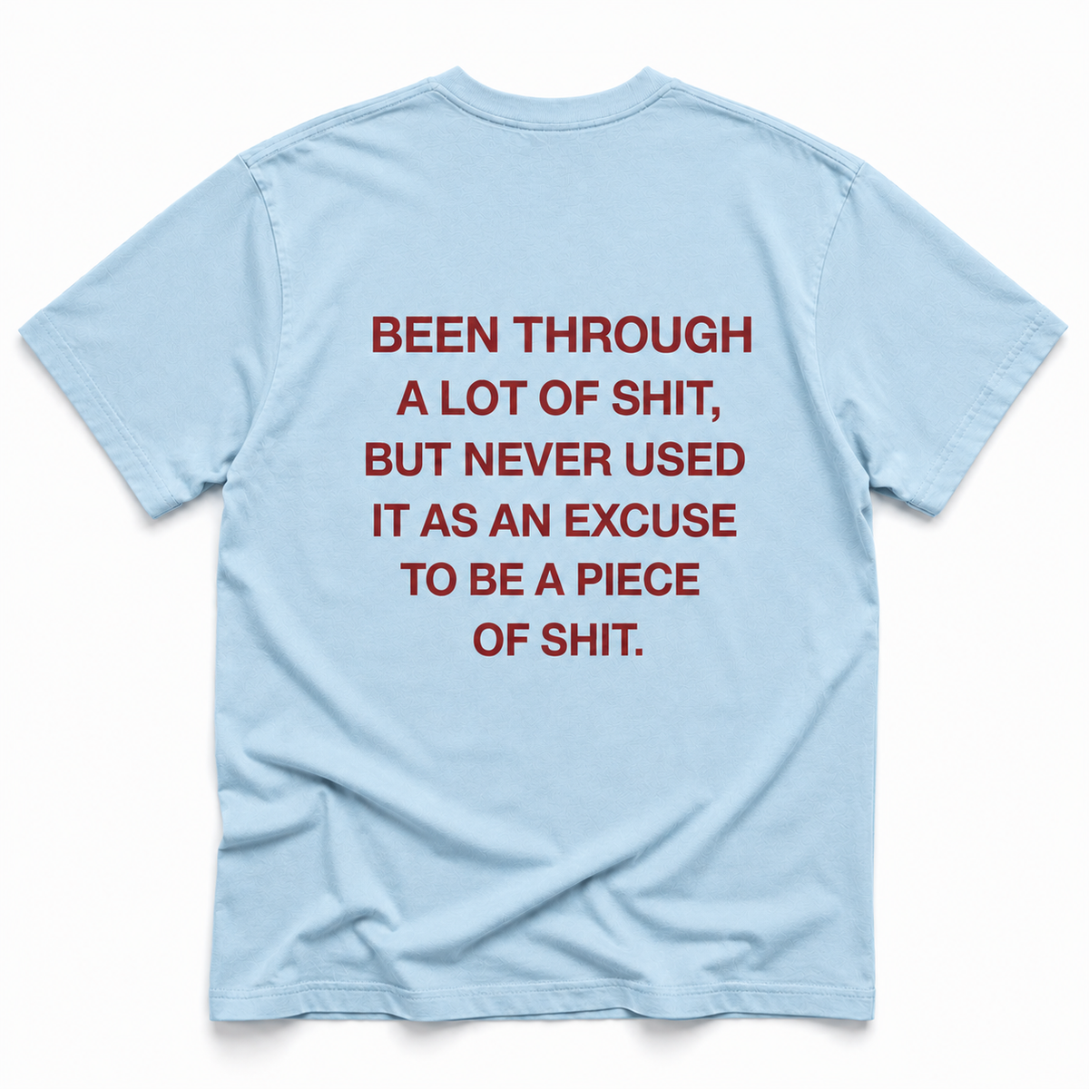 chambray short-sleeve t-shirt shown from the back, featuring a bold red text graphic that reads: 'BEEN THROUGH A LOT OF SHIT, BUT NEVER USED IT AS AN EXCUSE TO BE A PIECE OF SHIT.' on a clean white background.