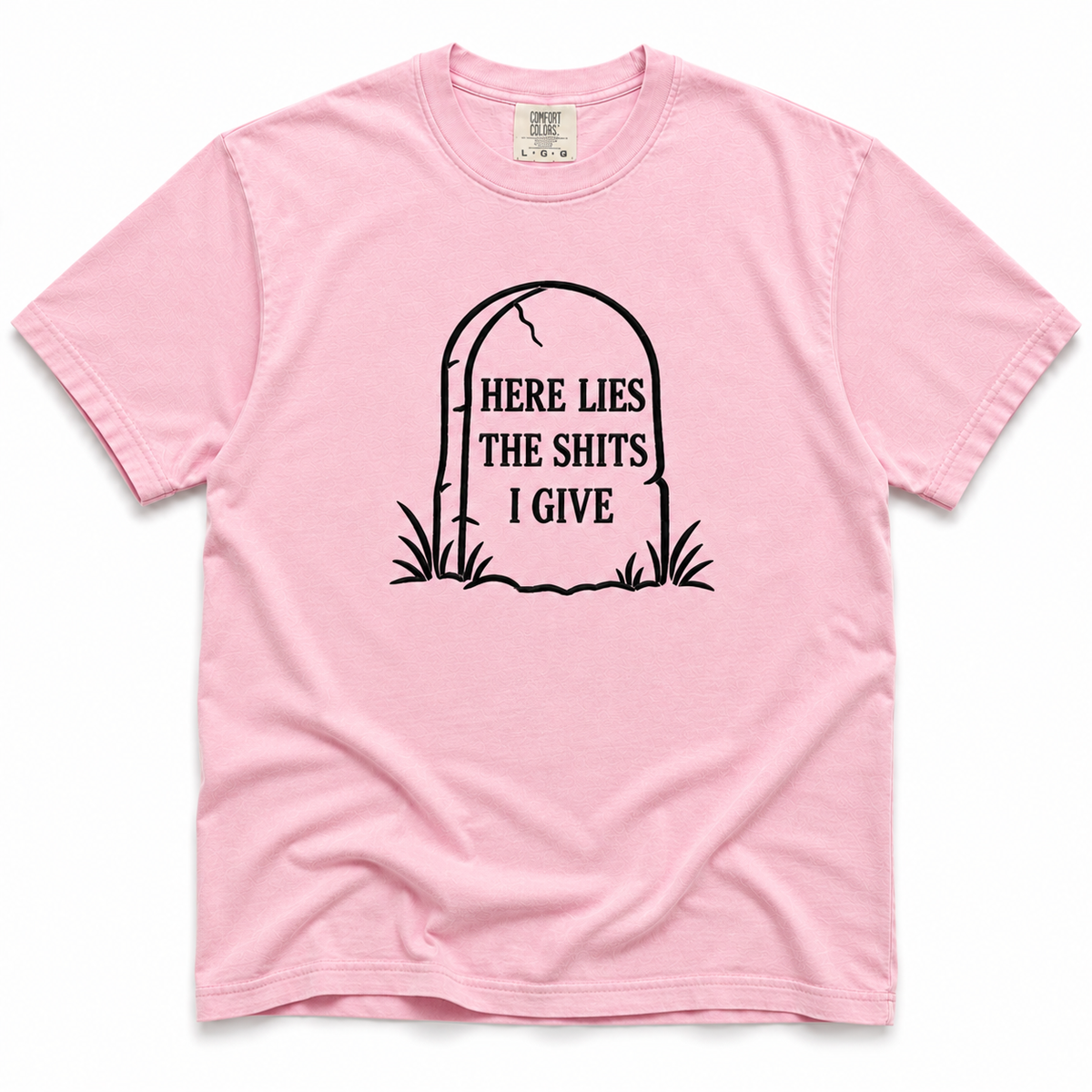 blossom short-sleeve crewneck t-shirt with a black graphic of a tombstone on the chest containing the text 'HERE LIES THE SHITS I GIVE'.